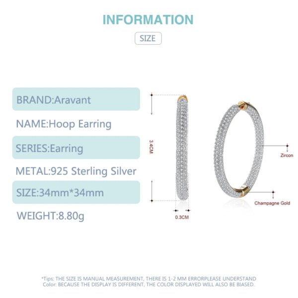 925 Silver 34mm 18K Gold Circle Hoop Earrings For Women Fashion Wedding Jewelry