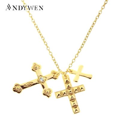 ANDYWEN Winter 925 Sterling Silver Gold Three Cross Pendant Charm Long Chain Necklace 2021 Fashion Fine Jewelry 2021 Gift
