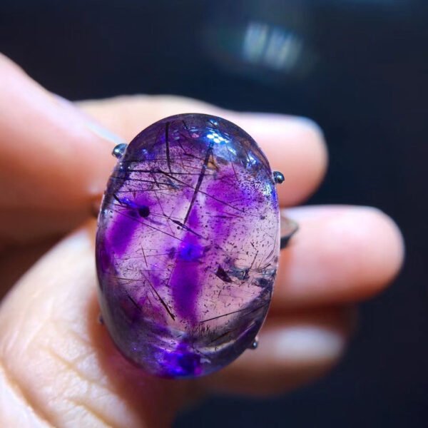 Pure Natural Purple Hair Crystal Purple Super Seven Ring for Women, Mysterious Dream Purple, Crystal Moisturizing 925 Sterling Silver Inlaid Flap Size: 21.8/15mm 10201988