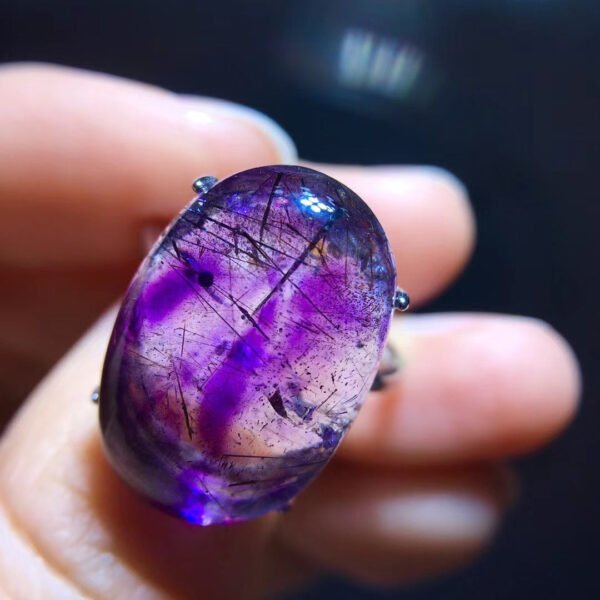 Pure Natural Purple Hair Crystal Purple Super Seven Ring for Women, Mysterious Dream Purple, Crystal Moisturizing 925 Sterling Silver Inlaid Flap Size: 21.8/15mm 10201988