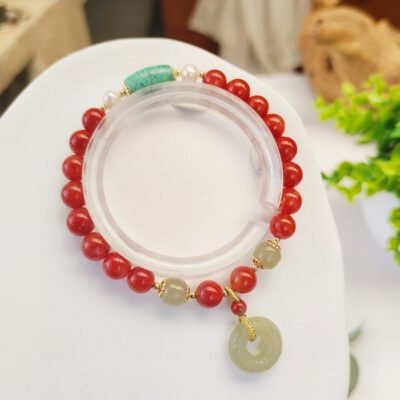 Natural South Red Single Loop Bracelet 💕， The size is about 7.3 mm, with natural Hotan Jade safety buckle, 1021758