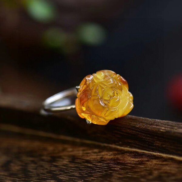 Natural Honey Wax Peony Flower Ring, s925 Sterling Silver Inlay, Size: 13.6 * 15.4mm2310059645