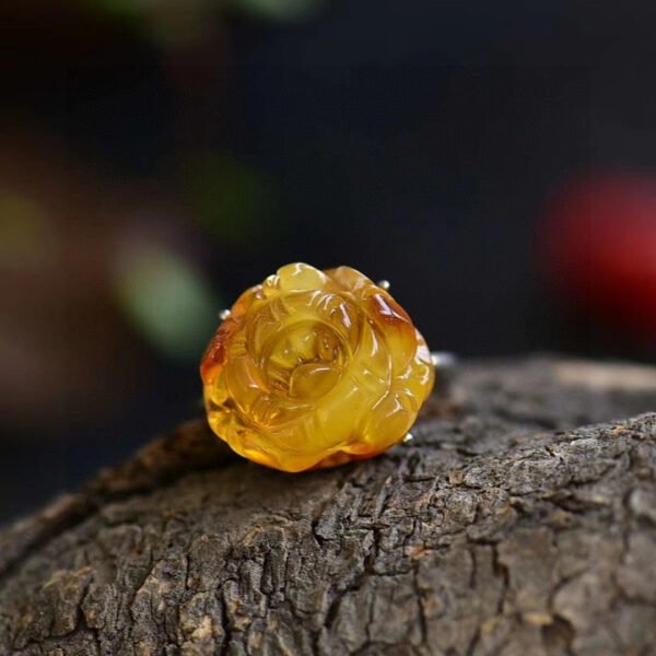 Natural Honey Wax Peony Flower Ring, s925 Sterling Silver Inlay, Size: 13.6 * 15.4mm2310059645