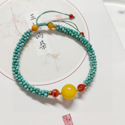 Natural turquoise honey wax woven bracelet with adjustable design2710099542