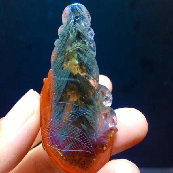 Natural Black Aurora Thorn Rose Feather 🪶 Shaped small tree 🌲 Thousand layered pyramid forest purple titanium nine tailed fox fox fairy pendant for men and women, size 60.4/26.7mm0411548166