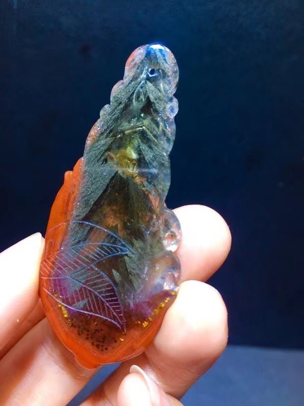 Natural Black Aurora Thorn Rose Feather 🪶 Shaped small tree 🌲 Thousand layered pyramid forest purple titanium nine tailed fox fox fairy pendant for men and women, size 60.4/26.7mm0411548166